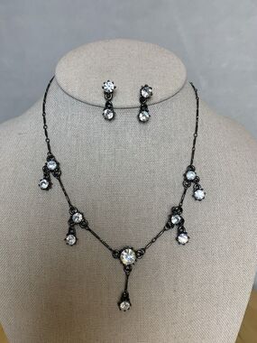 Gunmetal Crystal Necklace Earrings Set Goth Formal Prom Dark Romance Y2K
